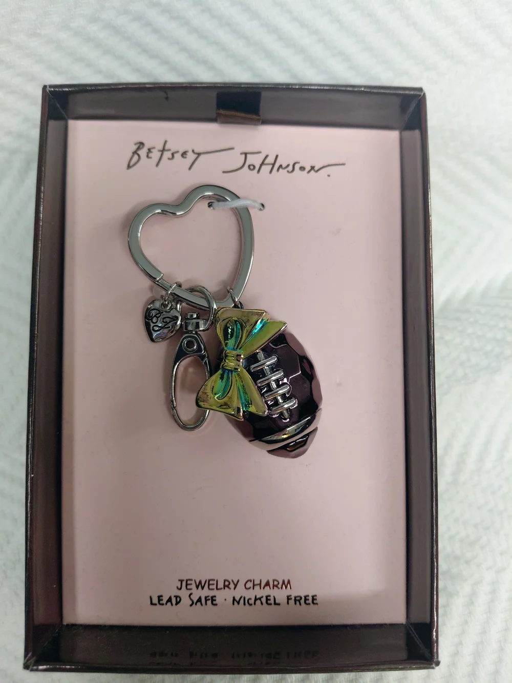 Betsey Johnson Pink & Black Football Charm Keychain